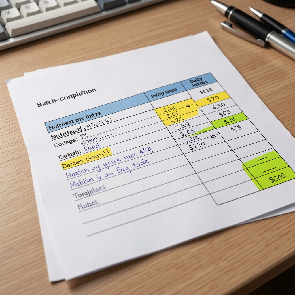 Close-up of a printed batch-composition worksheet with handwritten nutrient totals and highlighted daily intake targets laid flat on a studio desk