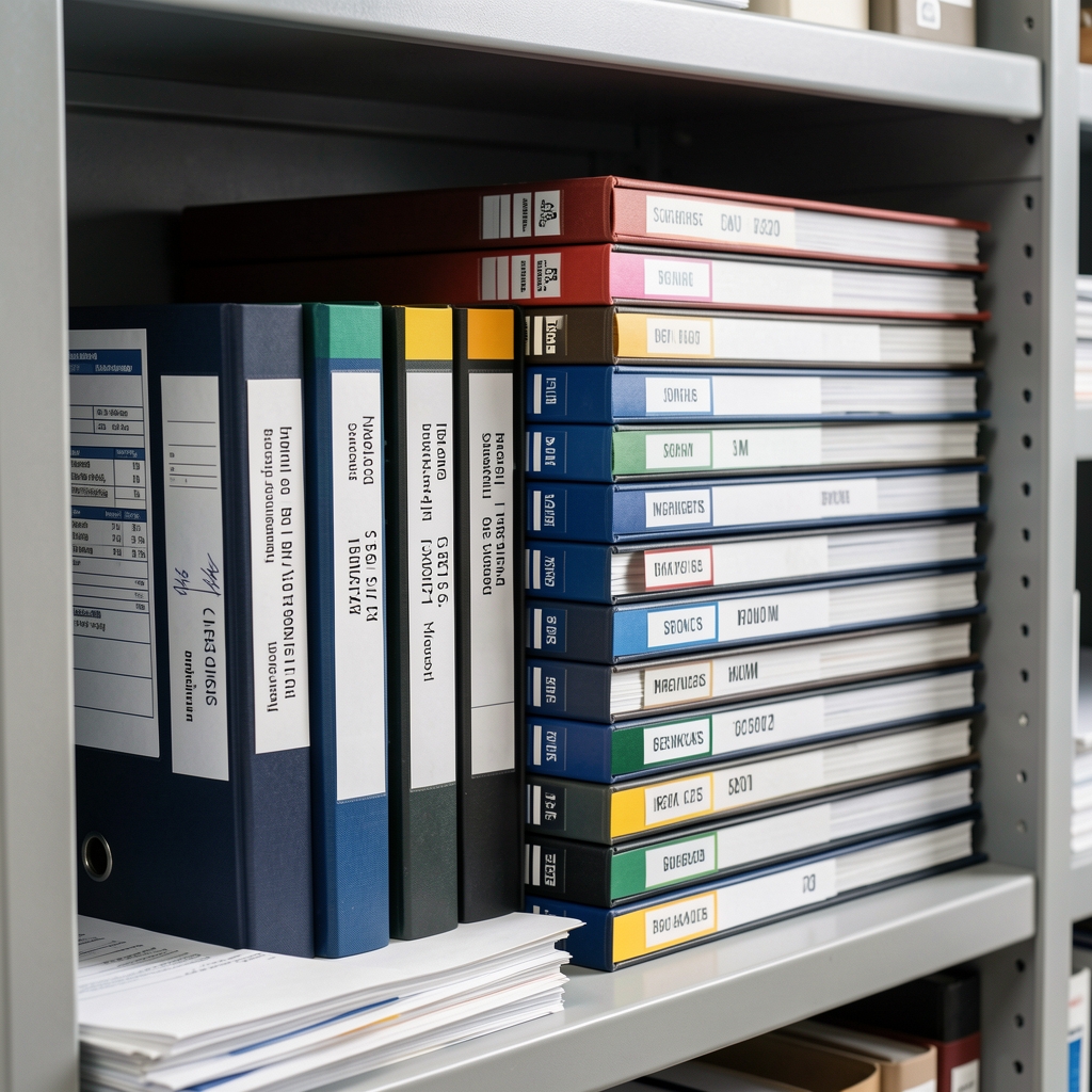 Organised collection of ingredient sourcing documentation folders stacked on a studio shelf with colour-coded archive labels visible on each spine