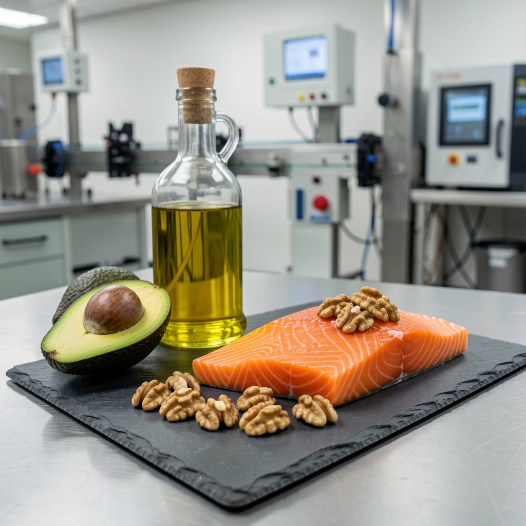 Variety of healthy fat sources including avocado halves, olive oil bottle, walnuts, and salmon fillet arranged on a slate board in a quality-control environment