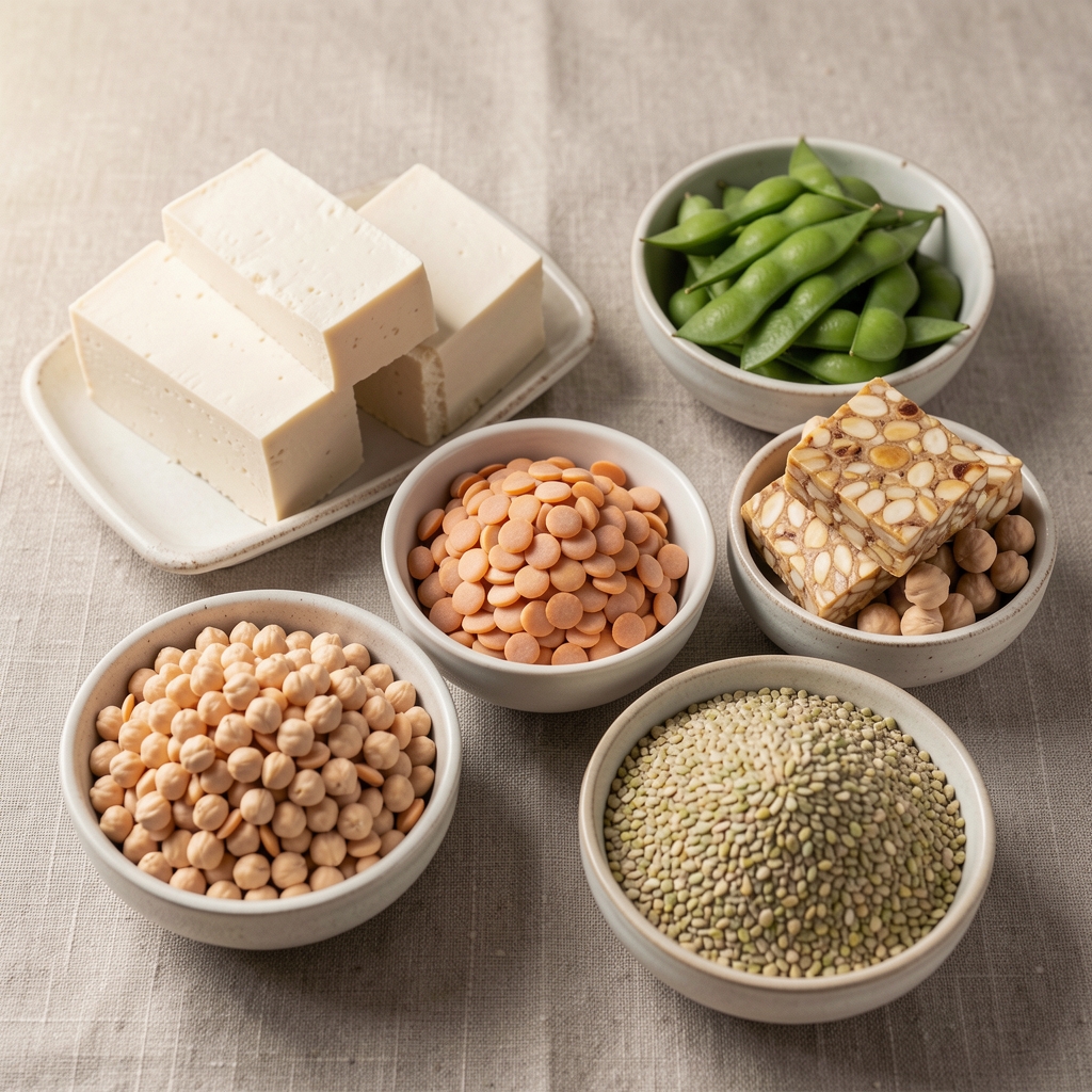 Array of plant-based protein sources including tofu blocks, cooked lentils, edamame, tempeh, chickpeas, and hemp seeds arranged in small bowls on a neutral linen surface
