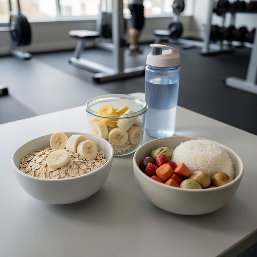 Sports nutrition meal layout showing a pre-workout meal with oats and banana, post-workout meal with rice and protein sources, and hydration bottle on a clean athletic training table