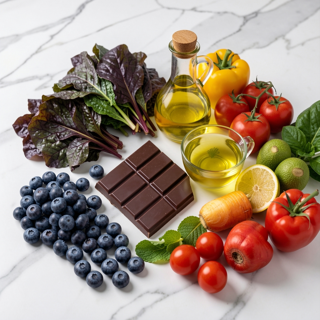 Anti-aging superfoods collection featuring blueberries, dark leafy greens, olive oil, dark chocolate, green tea, and colourful fresh vegetables arranged on a marble surface