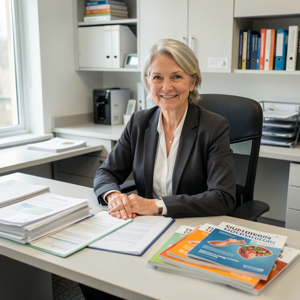 Senior nutrition documentation specialist seated at a research desk surrounded by dietary intake files and published nutritional study journals in a clean workspace