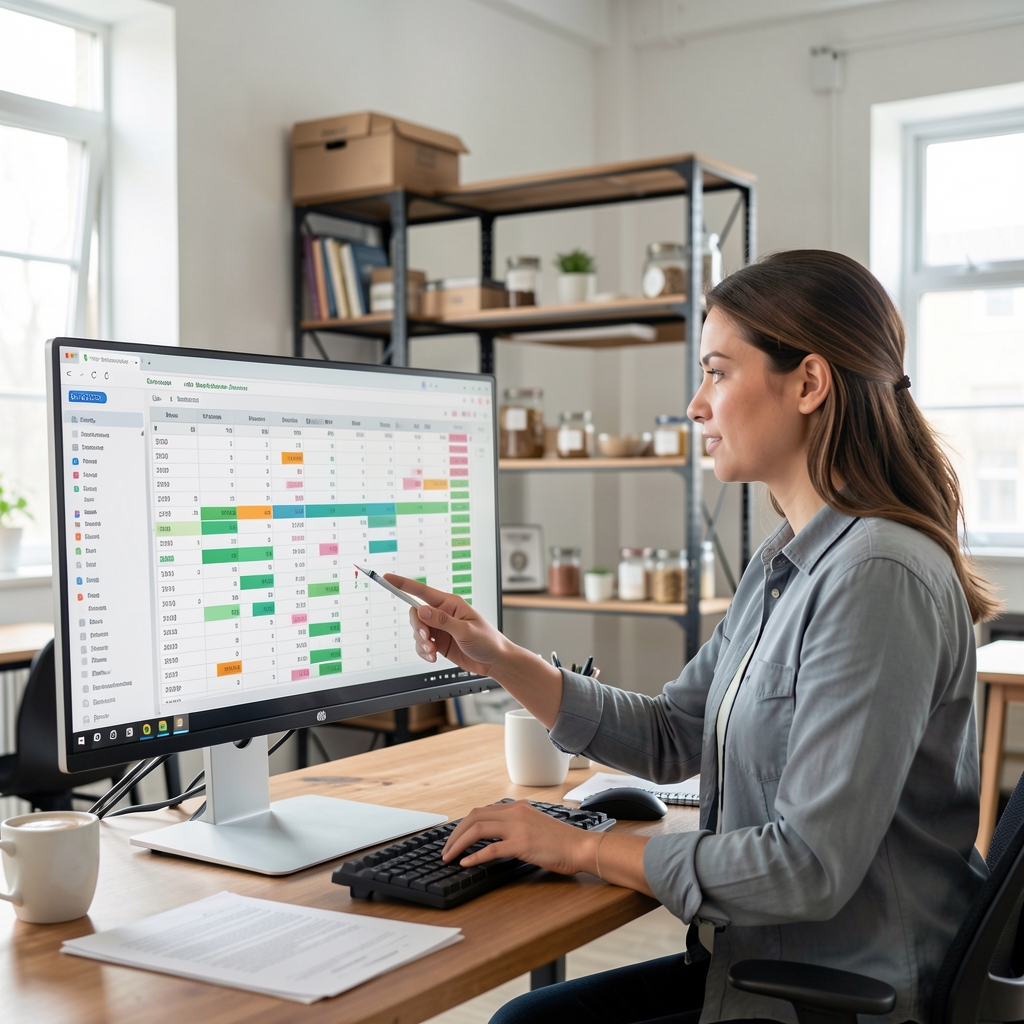 Nutrition documentation analyst reviewing macronutrient tracking spreadsheets on a large monitor in a bright open-plan studio with industrial-style shelving in background