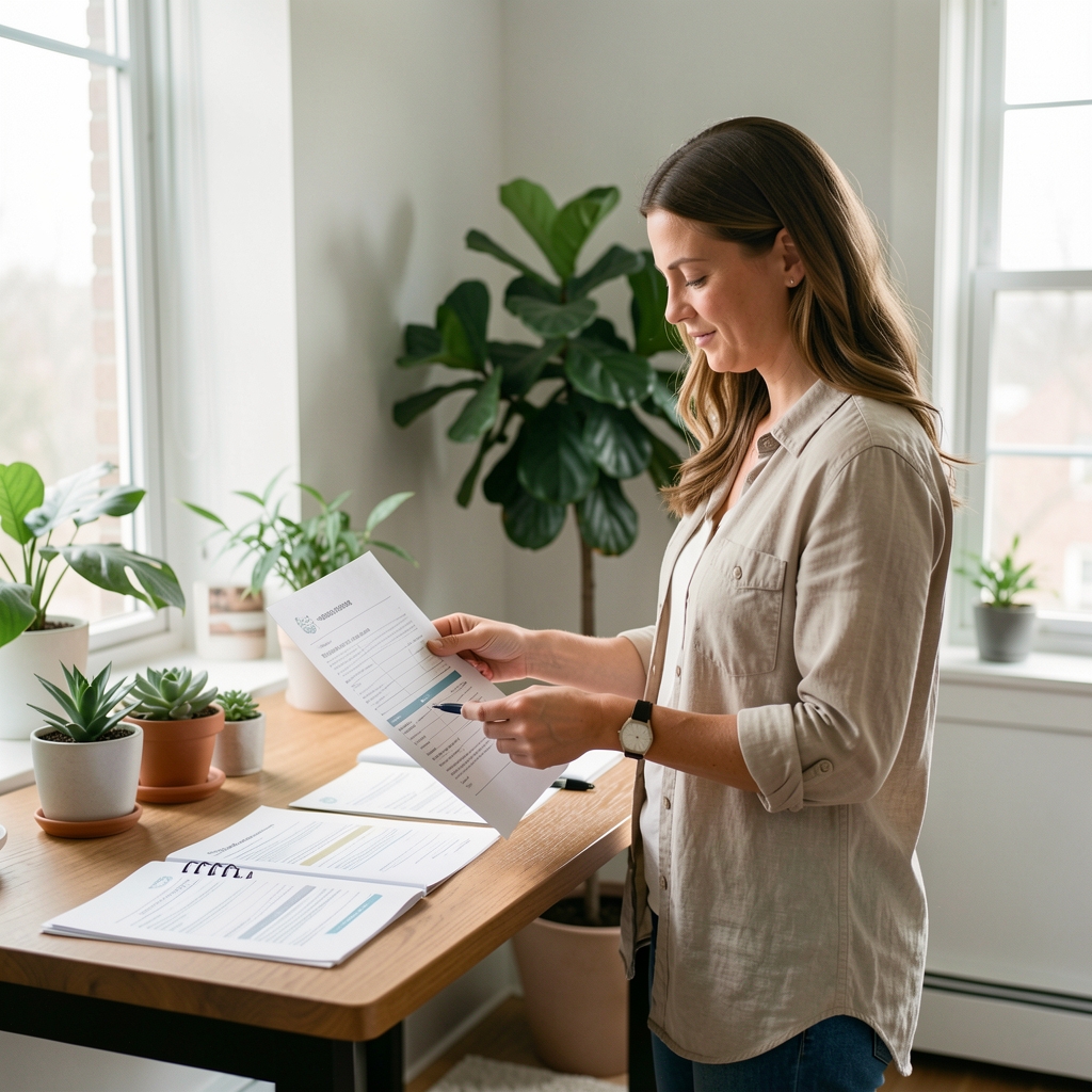 Wellness nutrition writer and archival researcher standing at a standing desk reviewing printed meal periodisation documents in a well-lit studio with plant decor
